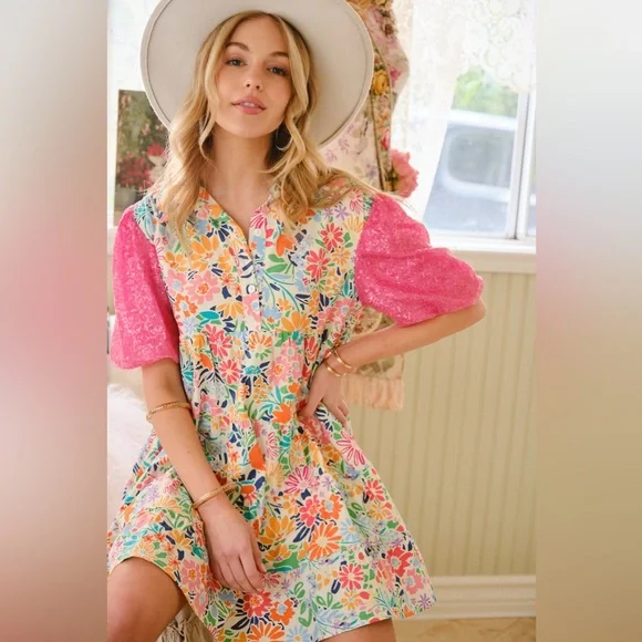 081 • Floral Button-Front Baby Doll Cotton Dress with Pink Puff Sequined Sleeves - Picture 8 of 12